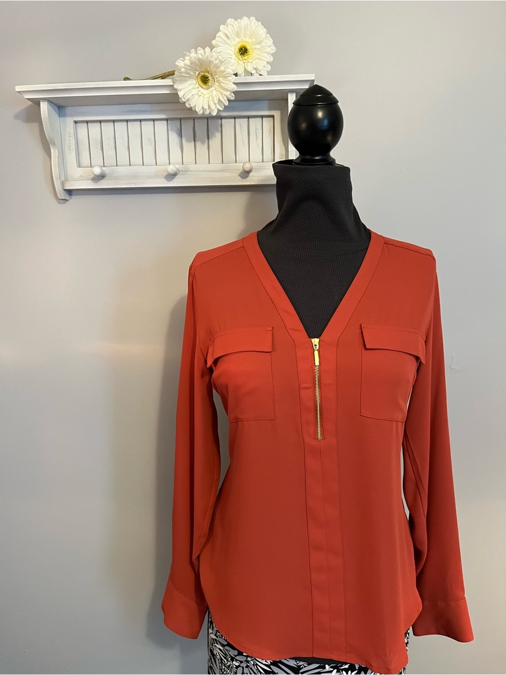Express Rust Chelsea Portofino Zip-Front V-Neck Blouse EUC